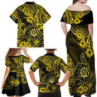 Hawaii Shaka Sign Family Matching Off Shoulder Maxi Dress and Hawaiian Shirt Polynesian Pattern Yellow Version - Wonder Print Shop