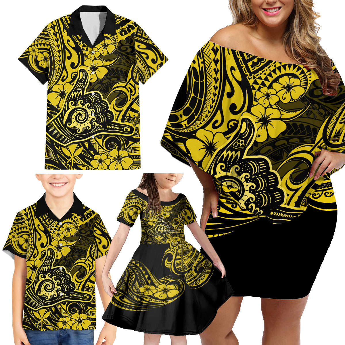 Hawaii Shaka Sign Family Matching Off Shoulder Short Dress and Hawaiian Shirt Polynesian Pattern Yellow Version - Wonder Print Shop