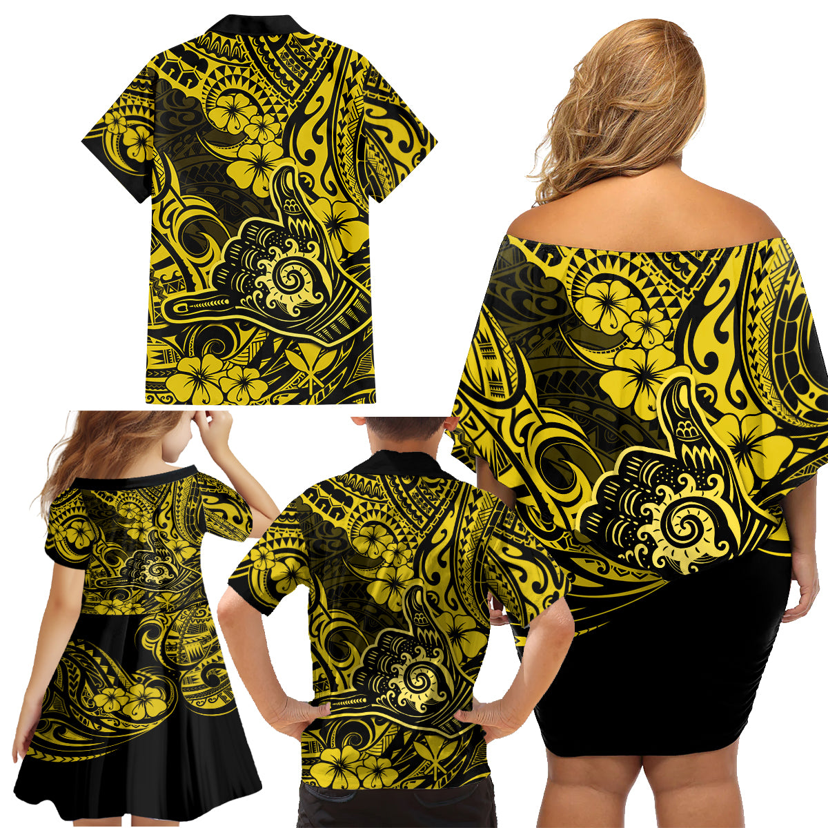 Hawaii Shaka Sign Family Matching Off Shoulder Short Dress and Hawaiian Shirt Polynesian Pattern Yellow Version - Wonder Print Shop