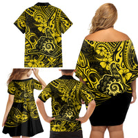 Hawaii Shaka Sign Family Matching Off Shoulder Short Dress and Hawaiian Shirt Polynesian Pattern Yellow Version - Wonder Print Shop