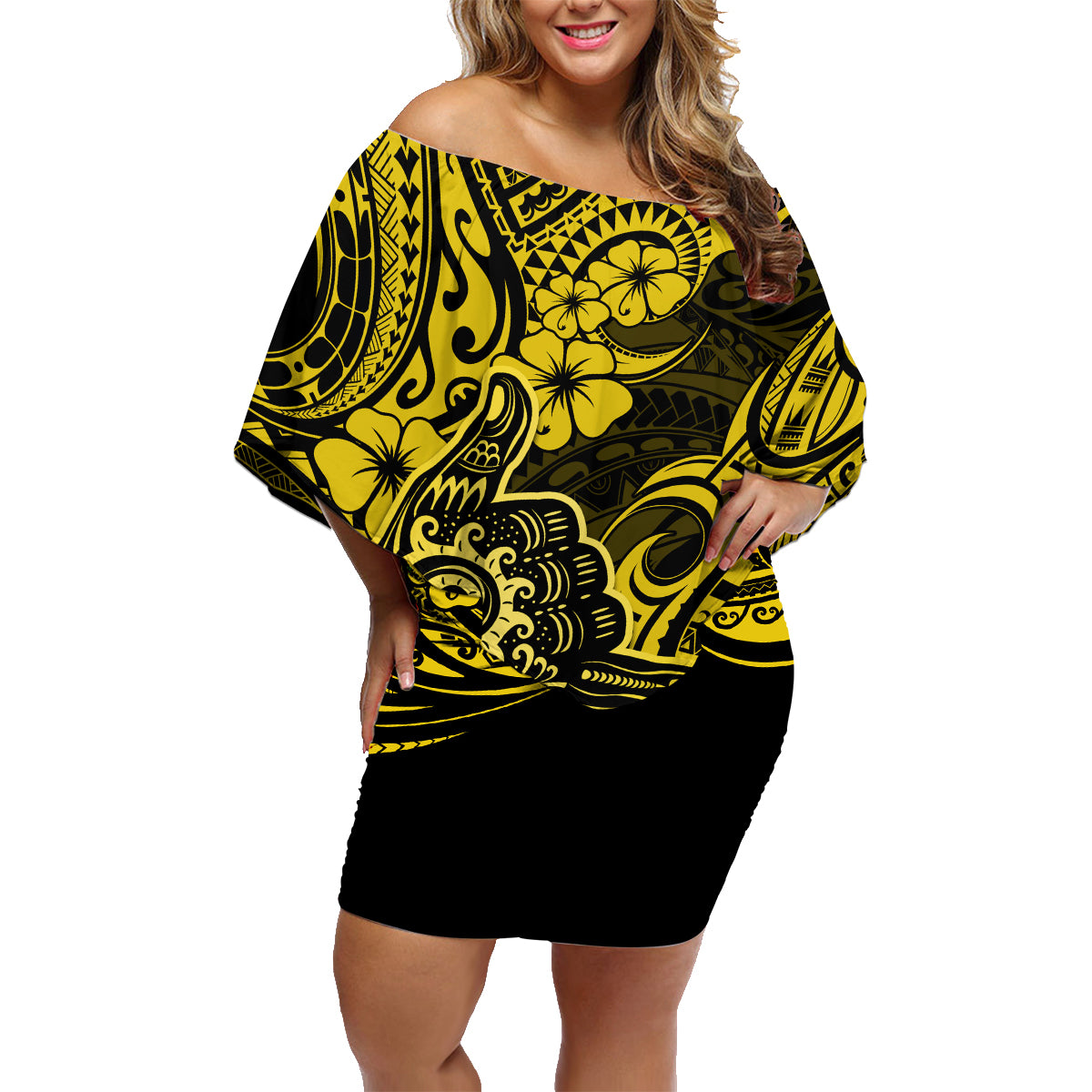 Hawaii Shaka Sign Family Matching Off Shoulder Short Dress and Hawaiian Shirt Polynesian Pattern Yellow Version - Wonder Print Shop