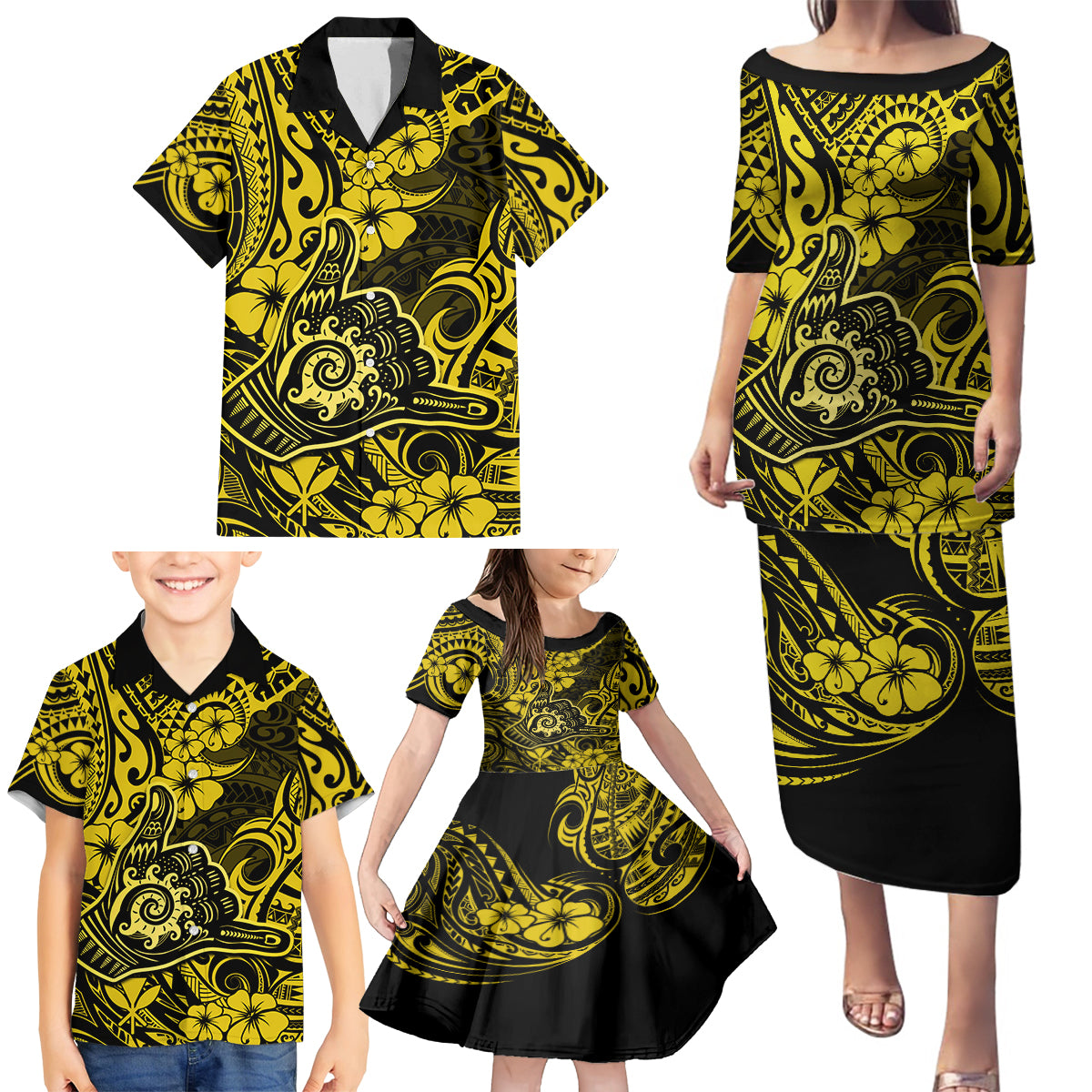 Hawaii Shaka Sign Family Matching Puletasi Dress and Hawaiian Shirt Polynesian Pattern Yellow Version - Wonder Print Shop