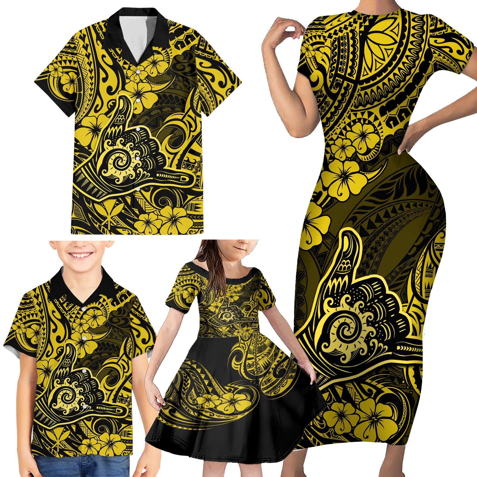 Hawaii Shaka Sign Family Matching Short Sleeve Bodycon Dress and Hawaiian Shirt Polynesian Pattern Yellow Version - Wonder Print Shop