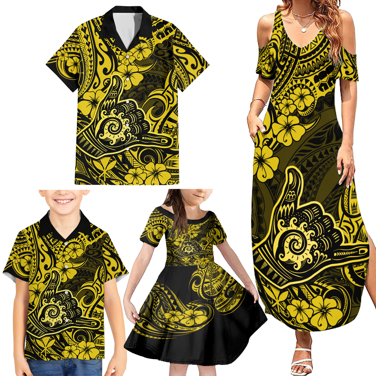 Hawaii Shaka Sign Family Matching Summer Maxi Dress and Hawaiian Shirt Polynesian Pattern Yellow Version - Wonder Print Shop