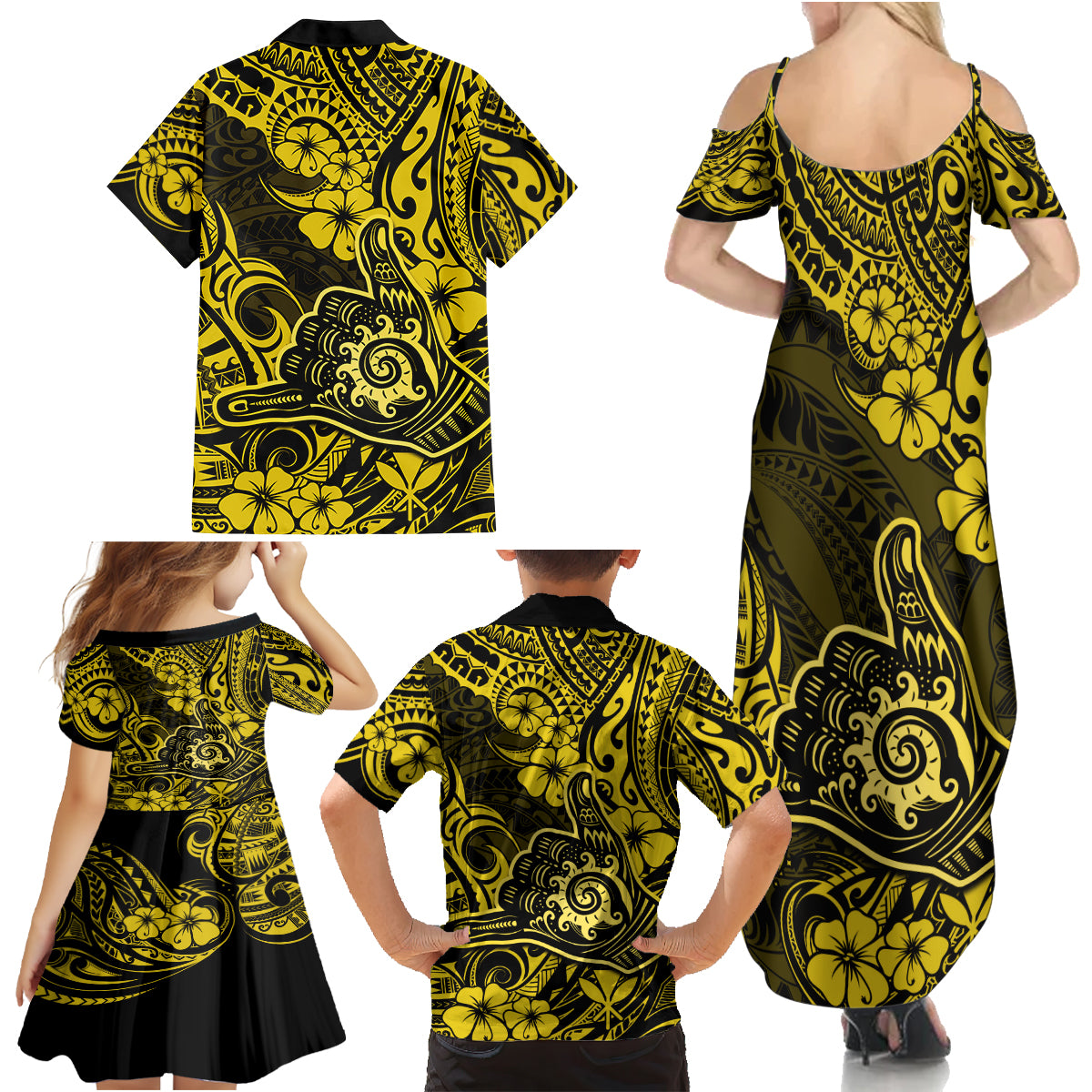 Hawaii Shaka Sign Family Matching Summer Maxi Dress and Hawaiian Shirt Polynesian Pattern Yellow Version - Wonder Print Shop
