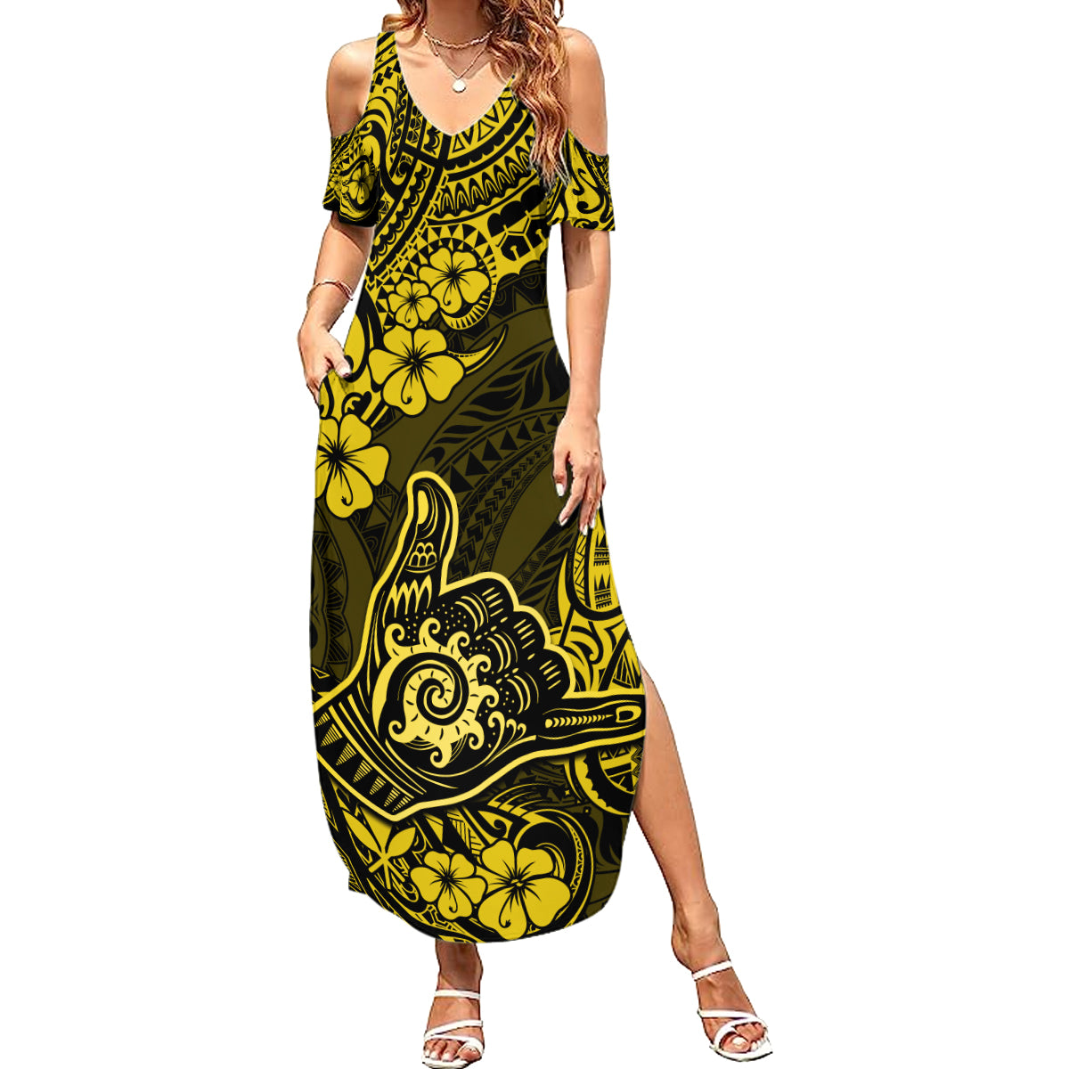 Hawaii Shaka Sign Family Matching Summer Maxi Dress and Hawaiian Shirt Polynesian Pattern Yellow Version - Wonder Print Shop