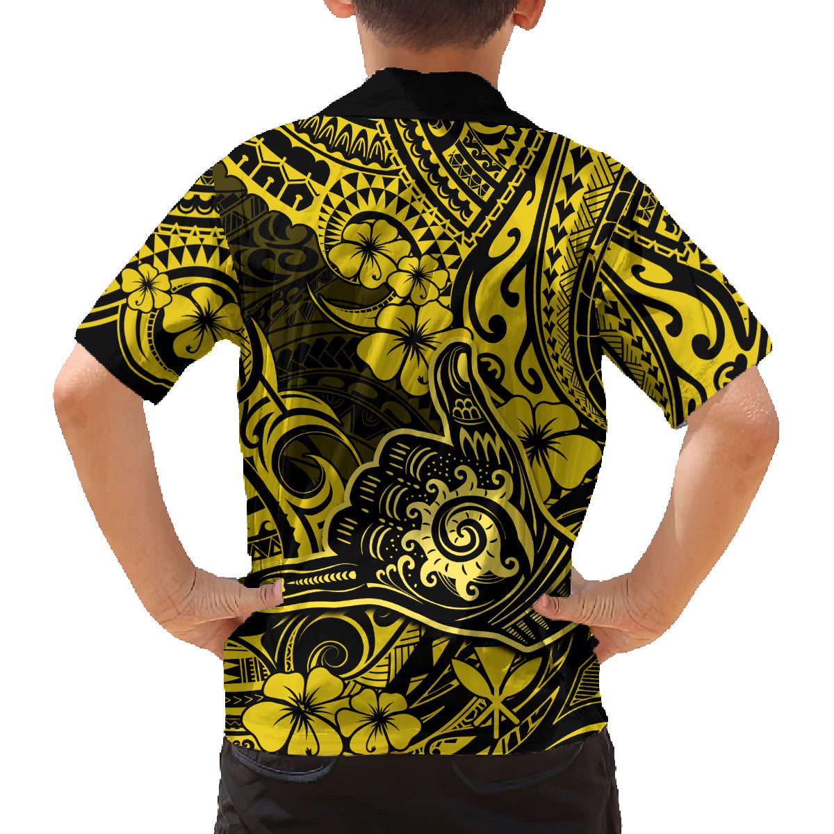 Hawaii Shaka Sign Family Matching Tank Maxi Dress and Hawaiian Shirt Polynesian Pattern Yellow Version - Wonder Print Shop