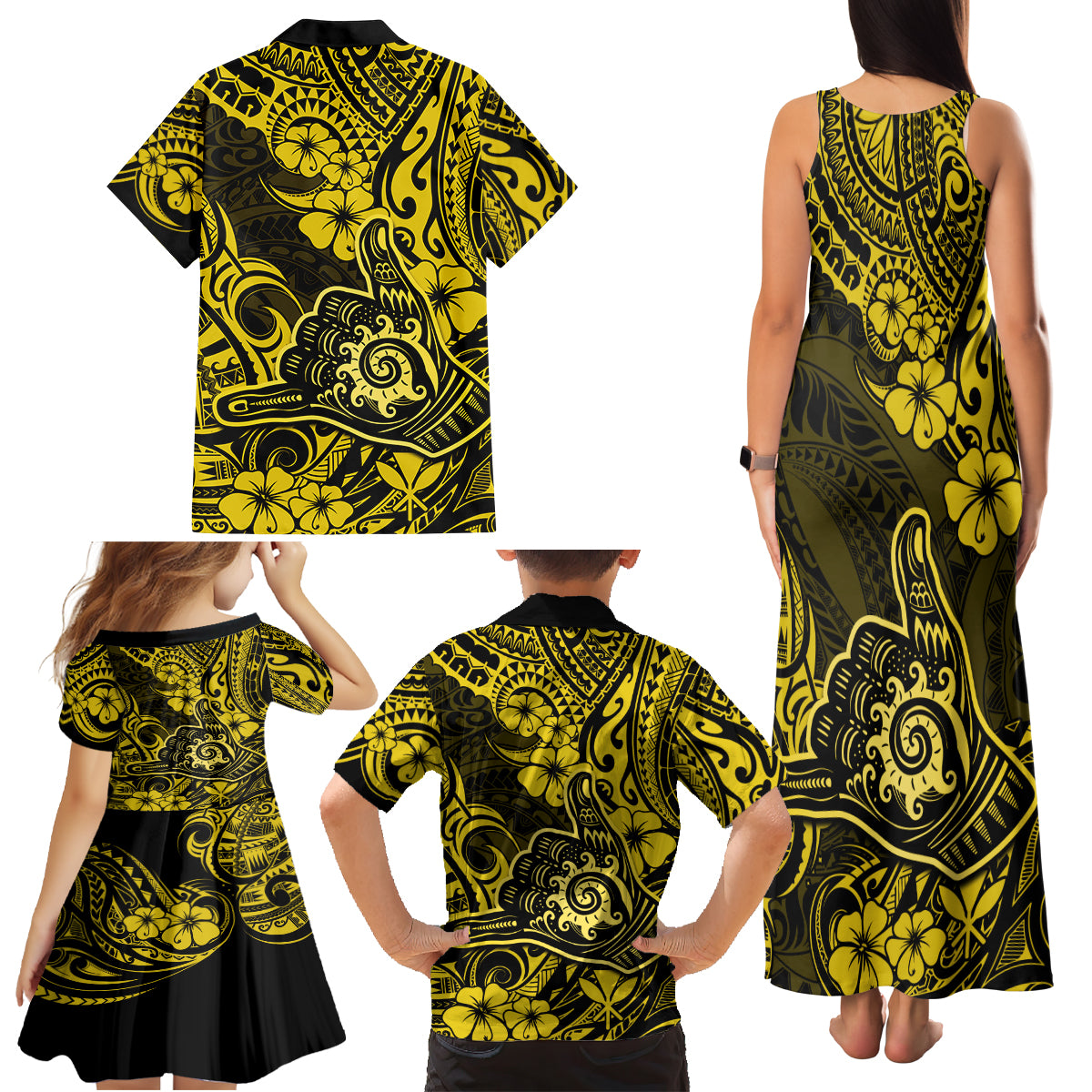 Hawaii Shaka Sign Family Matching Tank Maxi Dress and Hawaiian Shirt Polynesian Pattern Yellow Version - Wonder Print Shop