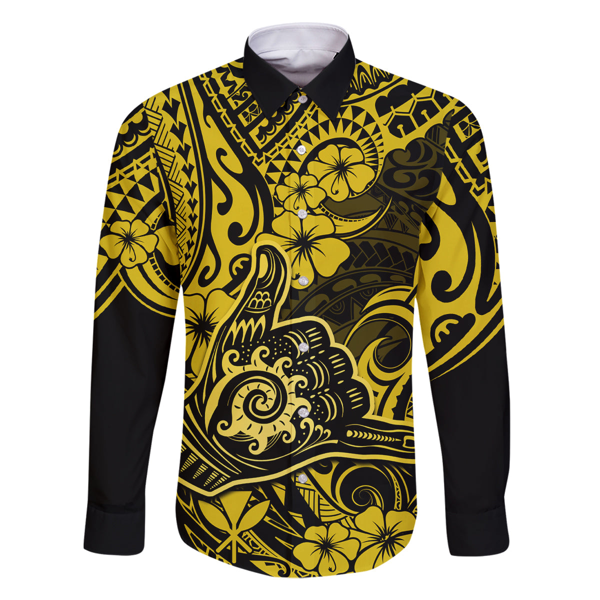 Hawaii Shaka Sign Family Matching Tank Maxi Dress and Hawaiian Shirt Polynesian Pattern Yellow Version - Wonder Print Shop