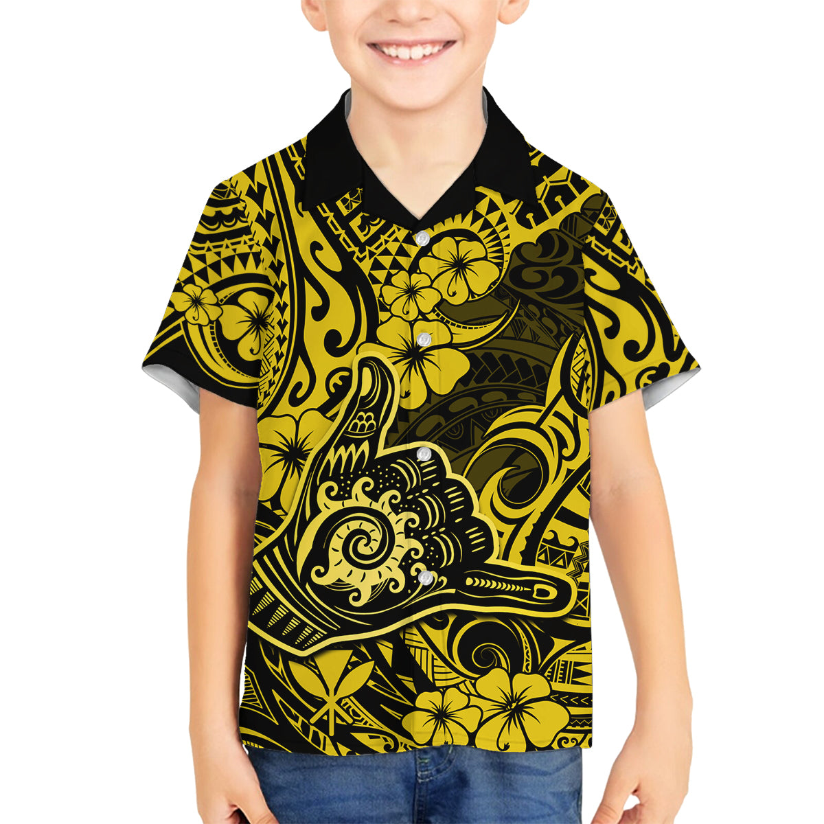 Hawaii Shaka Sign Family Matching Tank Maxi Dress and Hawaiian Shirt Polynesian Pattern Yellow Version - Wonder Print Shop