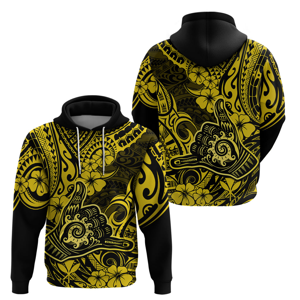 Hawaii Shaka Sign Hoodie Polynesian Pattern Yellow Version - Wonder Print Shop