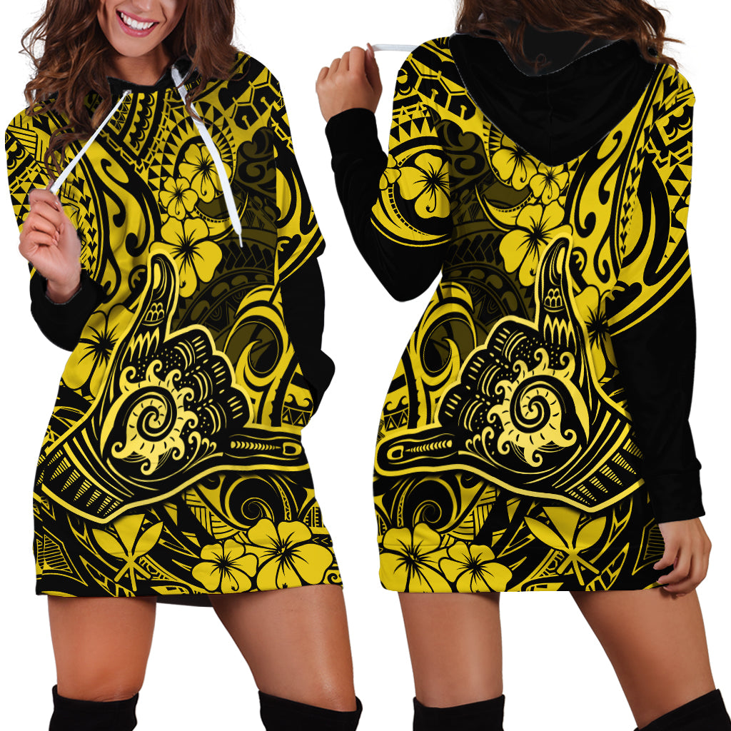 Hawaii Shaka Sign Hoodie Dress Polynesian Pattern Yellow Version - Wonder Print Shop
