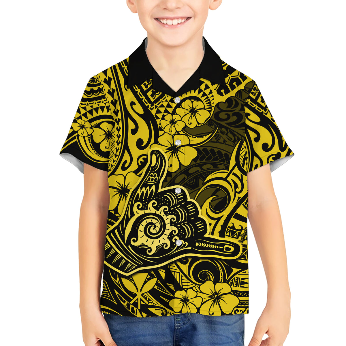 Hawaii Shaka Sign Kid Hawaiian Shirt Polynesian Pattern Yellow Version - Wonder Print Shop