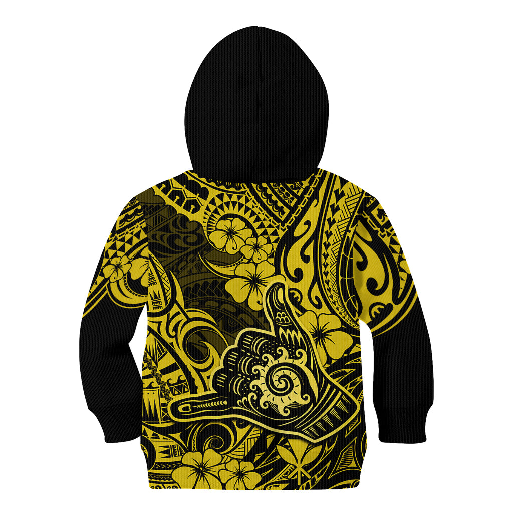 Hawaii Shaka Sign Kid Hoodie Polynesian Pattern Yellow Version - Wonder Print Shop