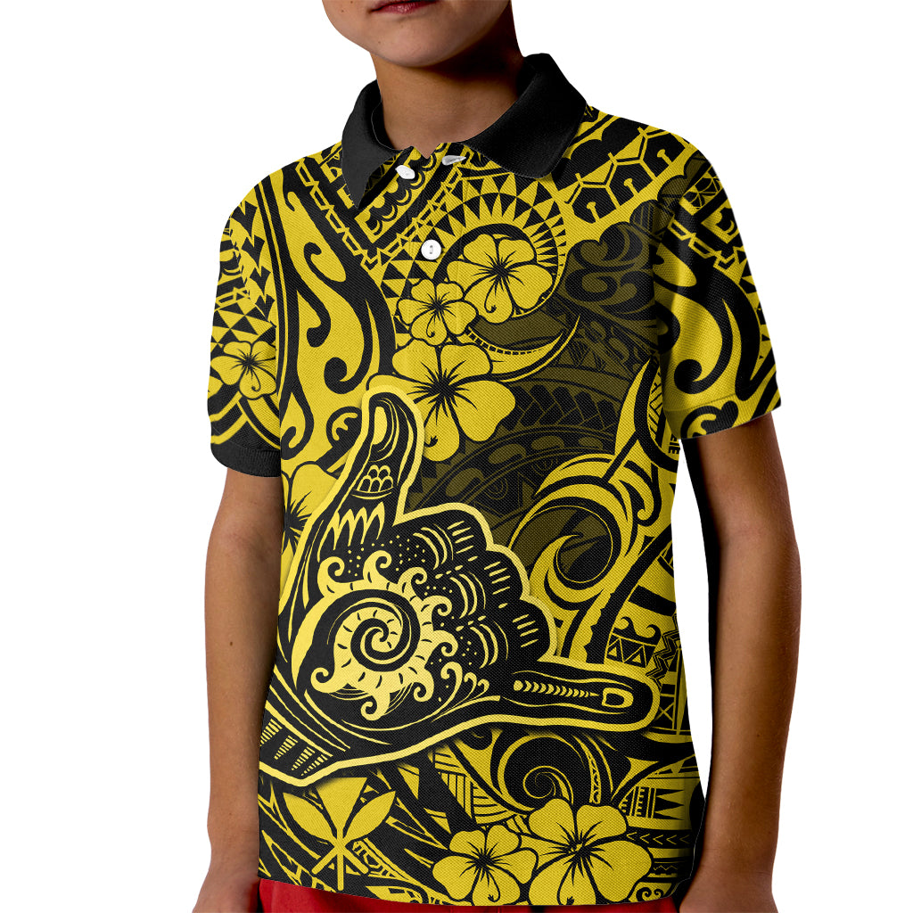 Hawaii Shaka Sign Kid Polo Shirt Polynesian Pattern Yellow Version - Wonder Print Shop
