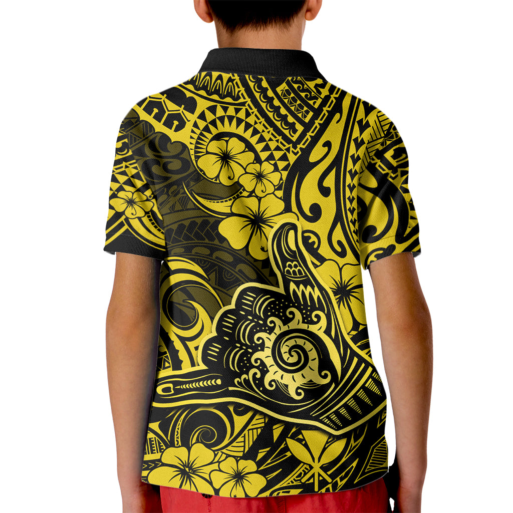 Hawaii Shaka Sign Kid Polo Shirt Polynesian Pattern Yellow Version - Wonder Print Shop