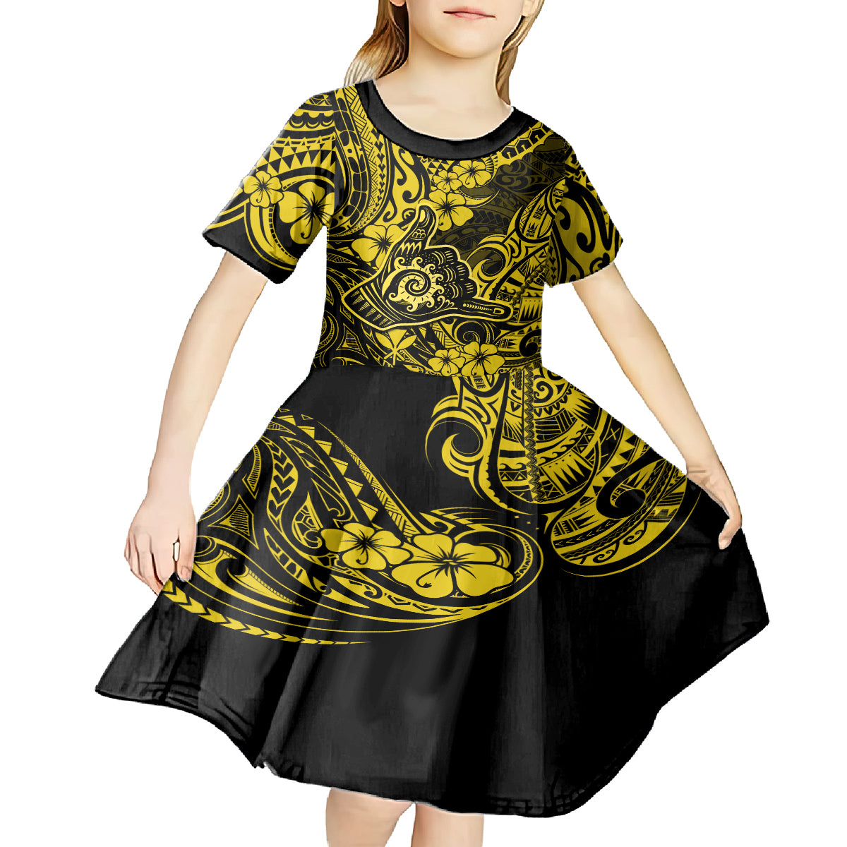 Hawaii Shaka Sign Kid Short Sleeve Dress Polynesian Pattern Yellow Version - Wonder Print Shop