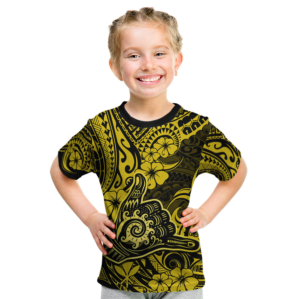 Hawaii Shaka Sign Kid T Shirt Polynesian Pattern Yellow Version - Wonder Print Shop
