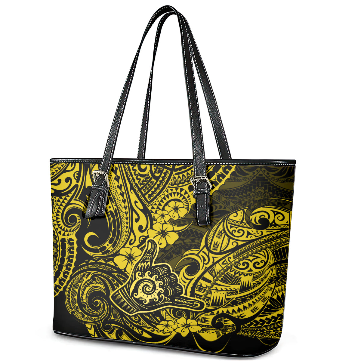 Hawaii Shaka Sign Leather Tote Bag Polynesian Pattern Yellow Version - Wonder Print Shop