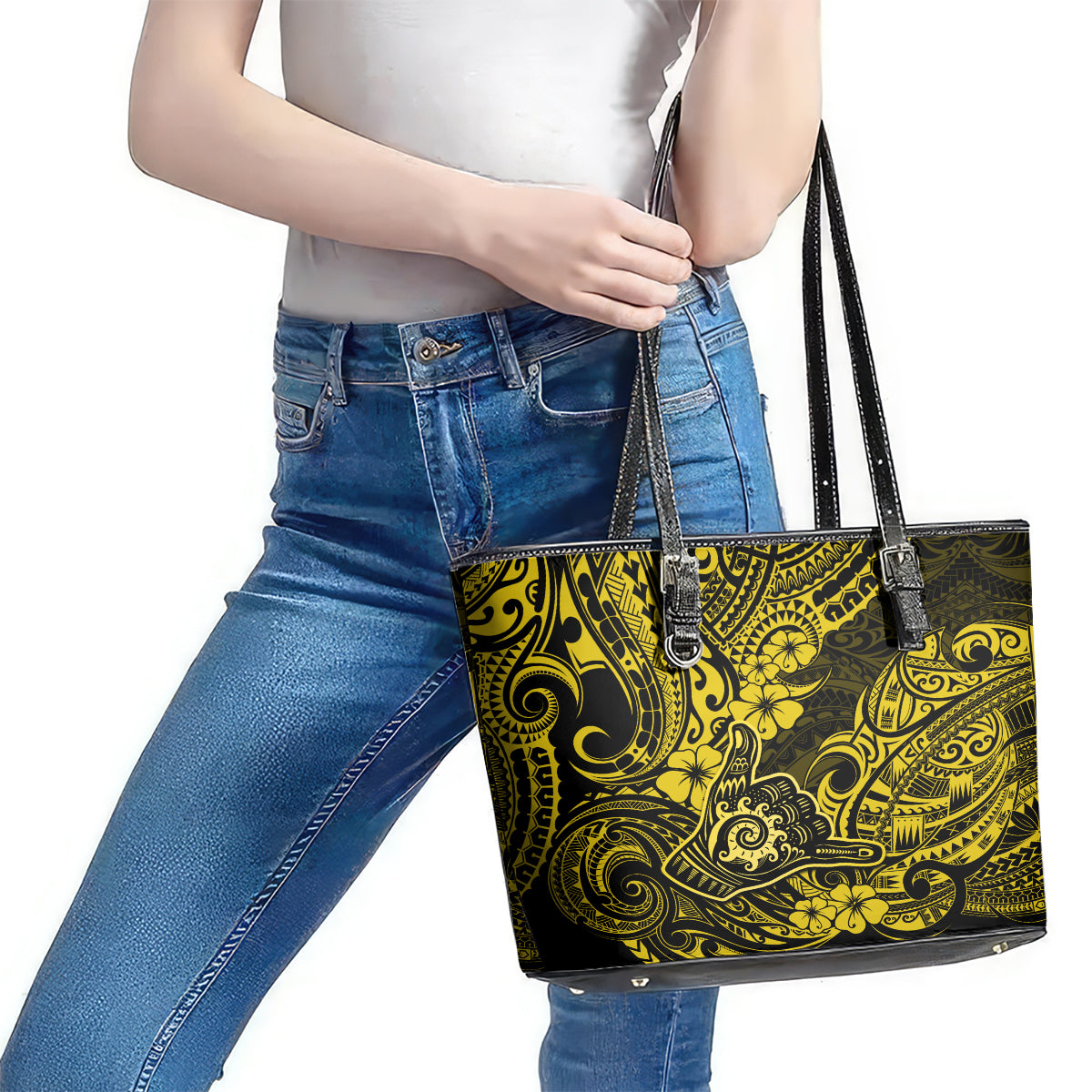 Hawaii Shaka Sign Leather Tote Bag Polynesian Pattern Yellow Version - Wonder Print Shop