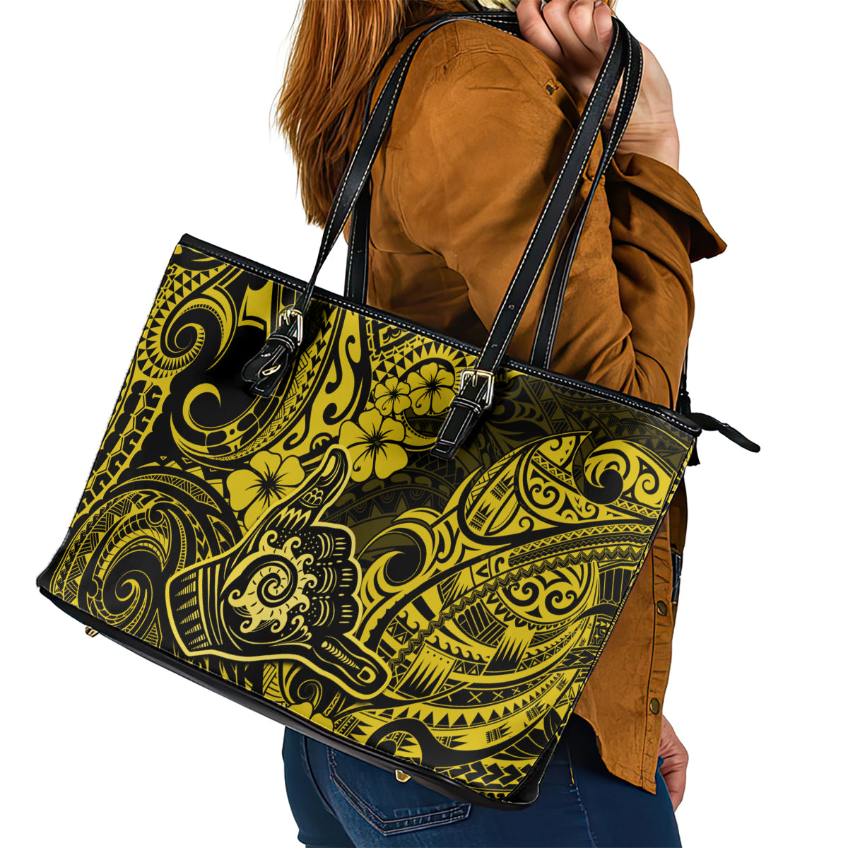Hawaii Shaka Sign Leather Tote Bag Polynesian Pattern Yellow Version - Wonder Print Shop