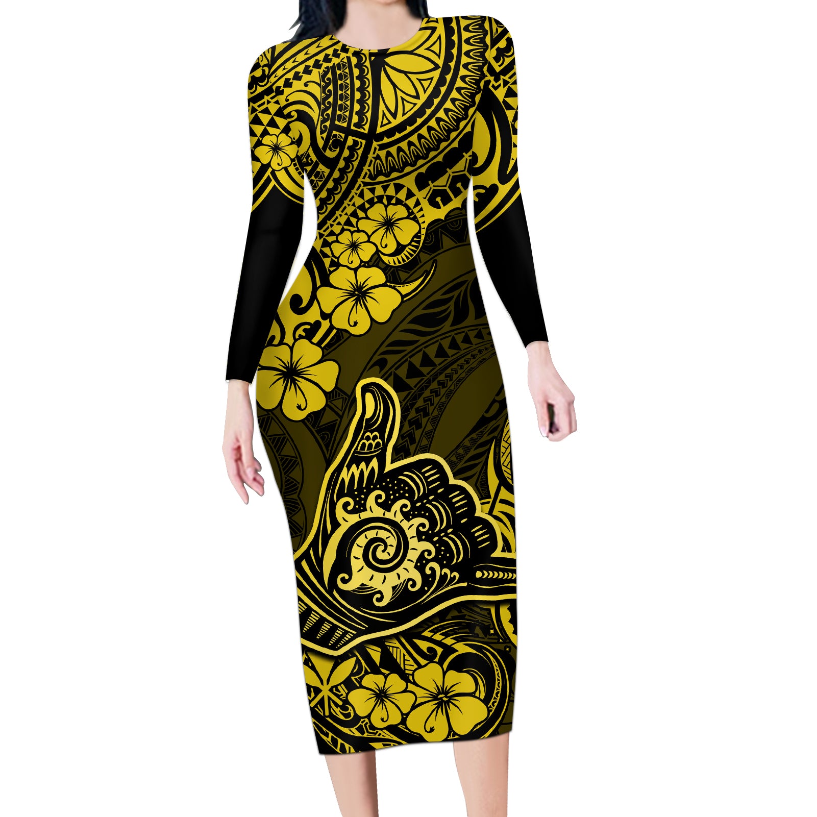 Hawaii Shaka Sign Long Sleeve Bodycon Dress Polynesian Pattern Yellow Version - Wonder Print Shop