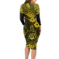 Hawaii Shaka Sign Long Sleeve Bodycon Dress Polynesian Pattern Yellow Version - Wonder Print Shop