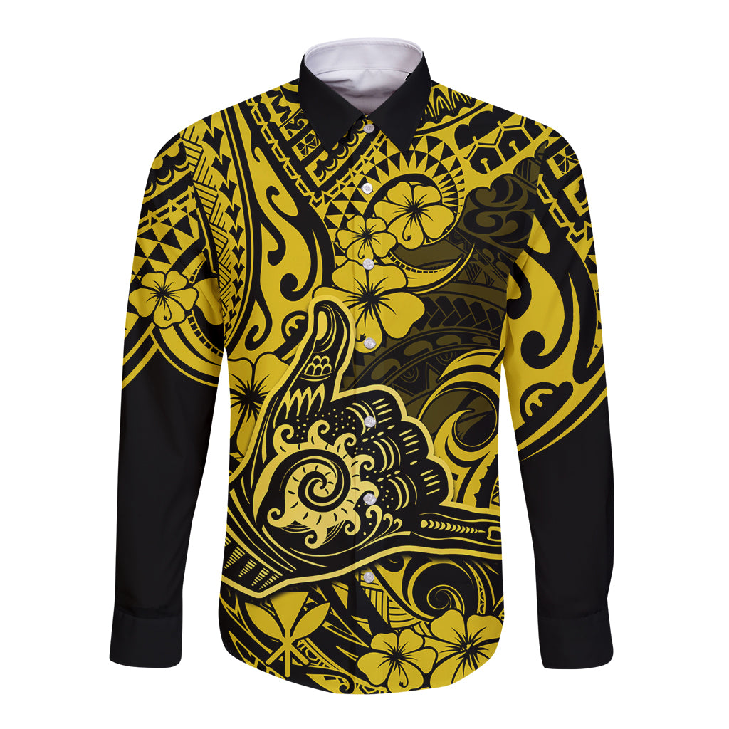 Hawaii Shaka Sign Long Sleeve Button Shirt Polynesian Pattern Yellow Version - Wonder Print Shop