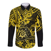 Hawaii Shaka Sign Long Sleeve Button Shirt Polynesian Pattern Yellow Version - Wonder Print Shop