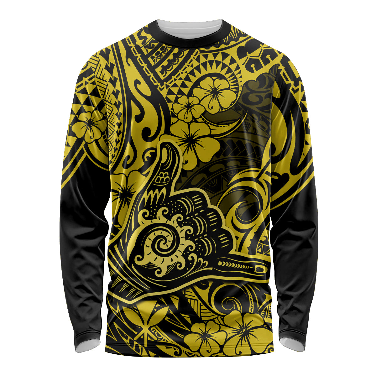 Hawaii Shaka Sign Long Sleeve Shirt Polynesian Pattern Yellow Version - Wonder Print Shop