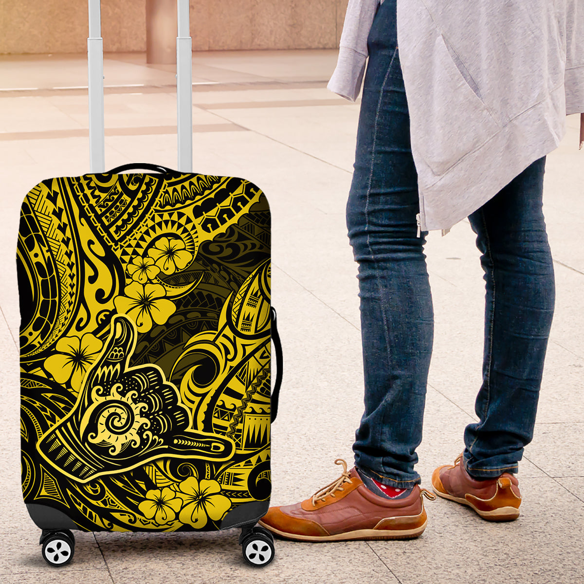 Hawaii Shaka Sign Luggage Cover Polynesian Pattern Yellow Version - Wonder Print Shop