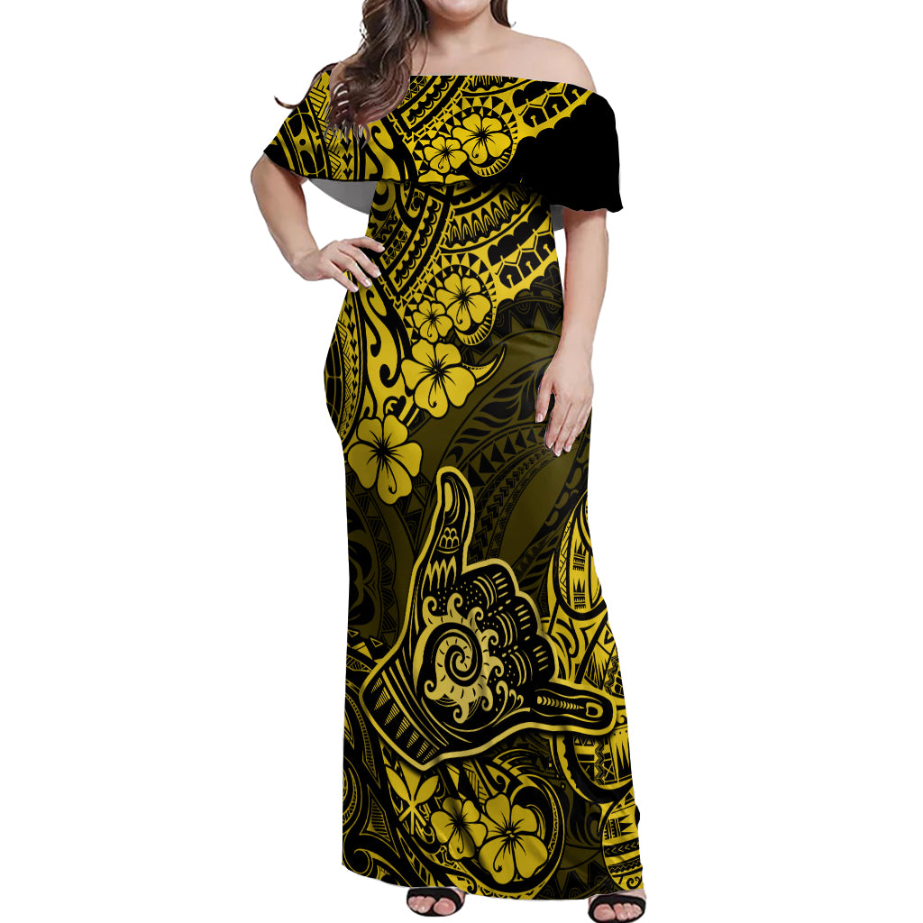 Hawaii Shaka Sign Off Shoulder Maxi Dress Polynesian Pattern Yellow Version - Wonder Print Shop