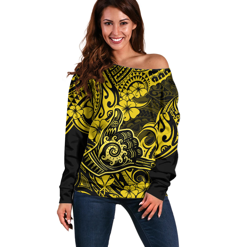 Hawaii Shaka Sign Off Shoulder Sweater Polynesian Pattern Yellow Version - Wonder Print Shop