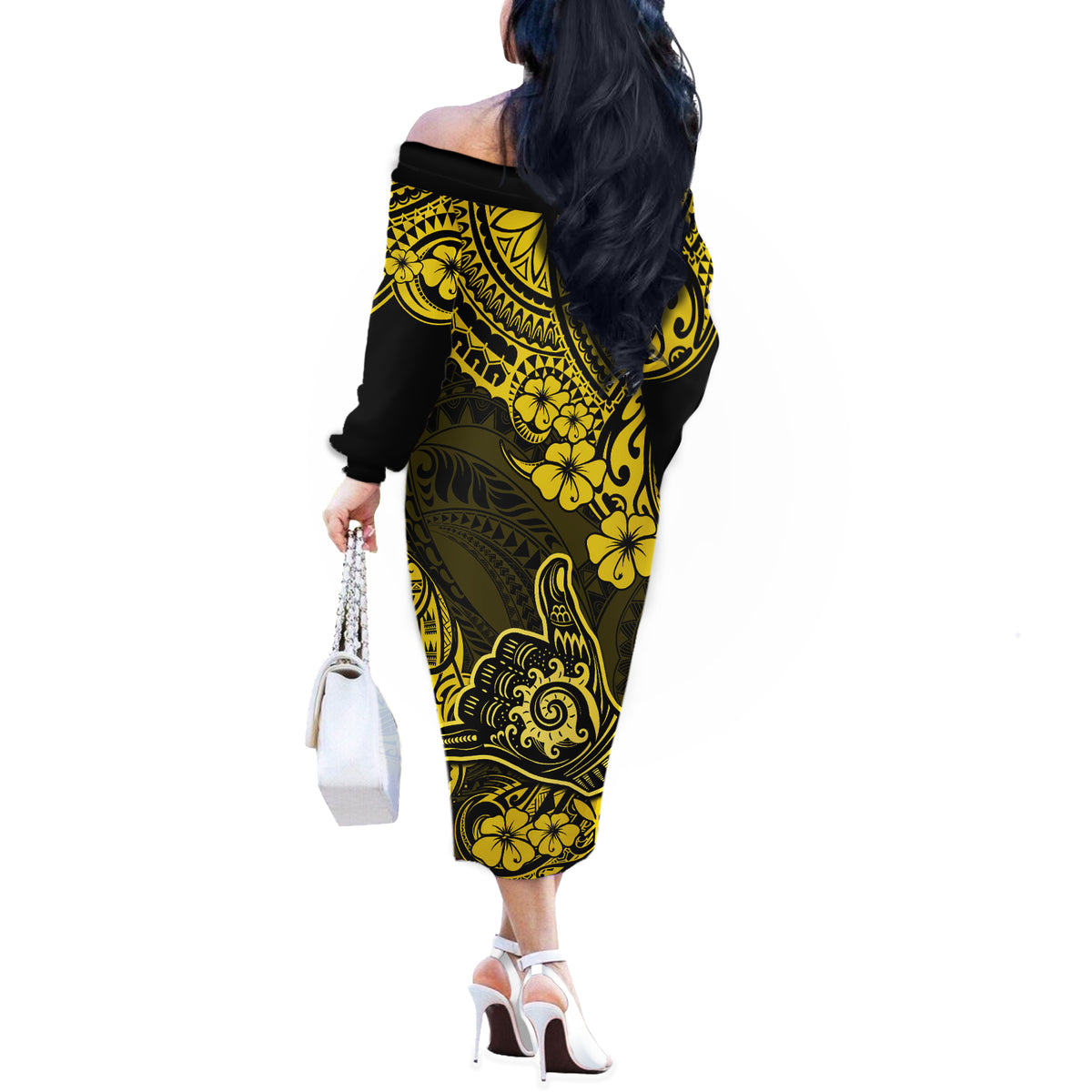 Hawaii Shaka Sign Off The Shoulder Long Sleeve Dress Polynesian Pattern Yellow Version - Wonder Print Shop