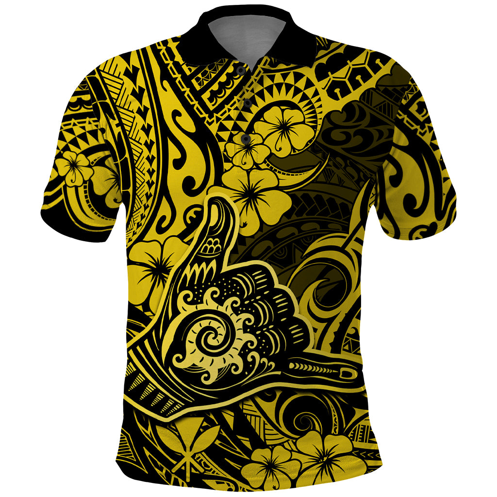 Hawaii Shaka Sign Polo Shirt Polynesian Pattern Yellow Version - Wonder Print Shop