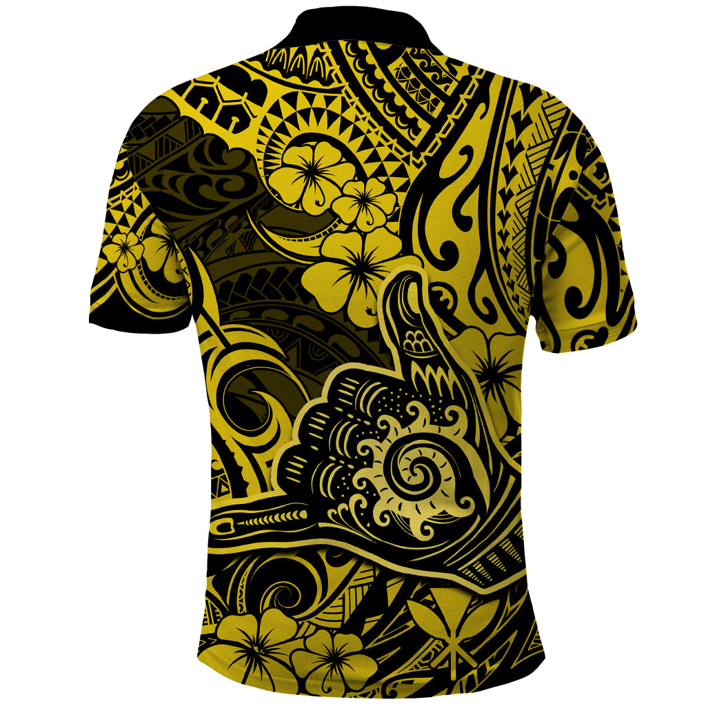 Hawaii Shaka Sign Polo Shirt Polynesian Pattern Yellow Version - Wonder Print Shop
