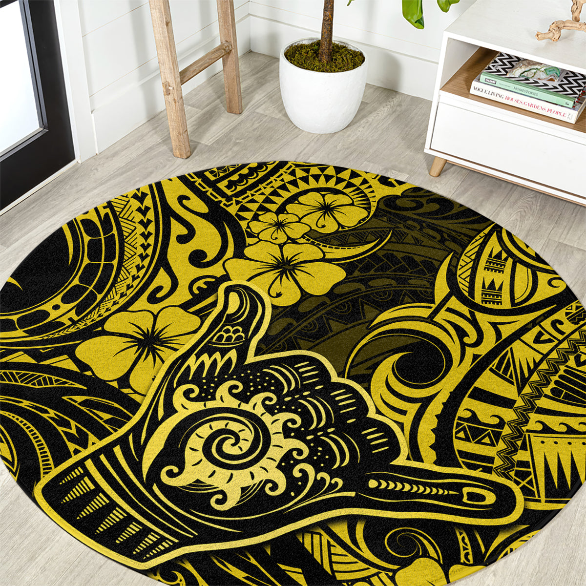 hawaii-shaka-sign-round-carpet-polynesian-pattern-yellow-version