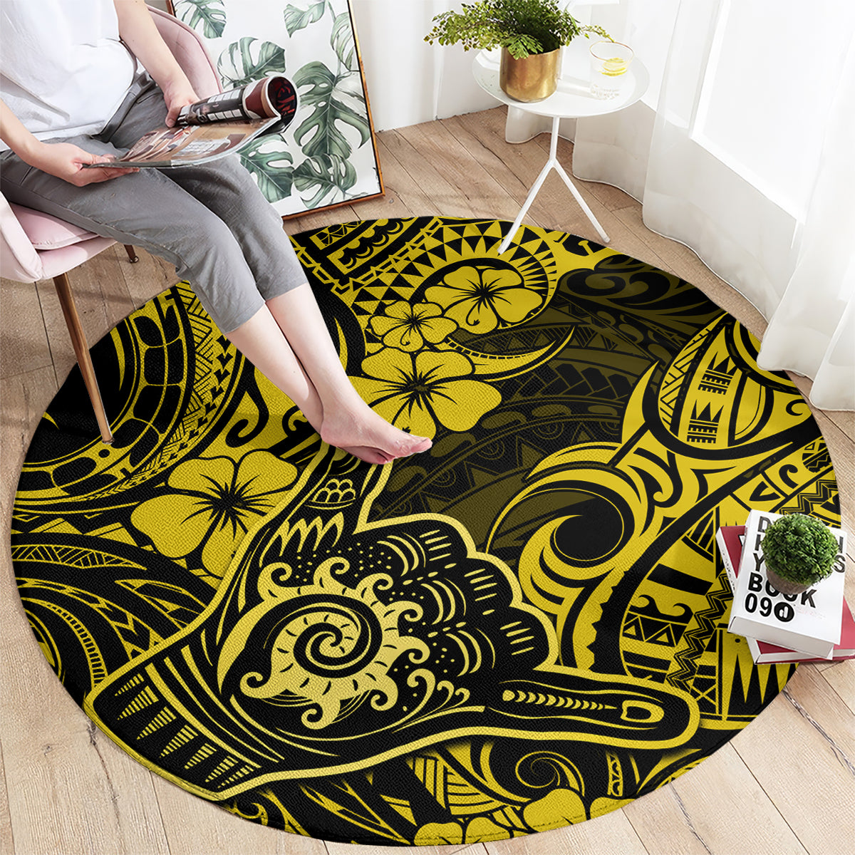 hawaii-shaka-sign-round-carpet-polynesian-pattern-yellow-version