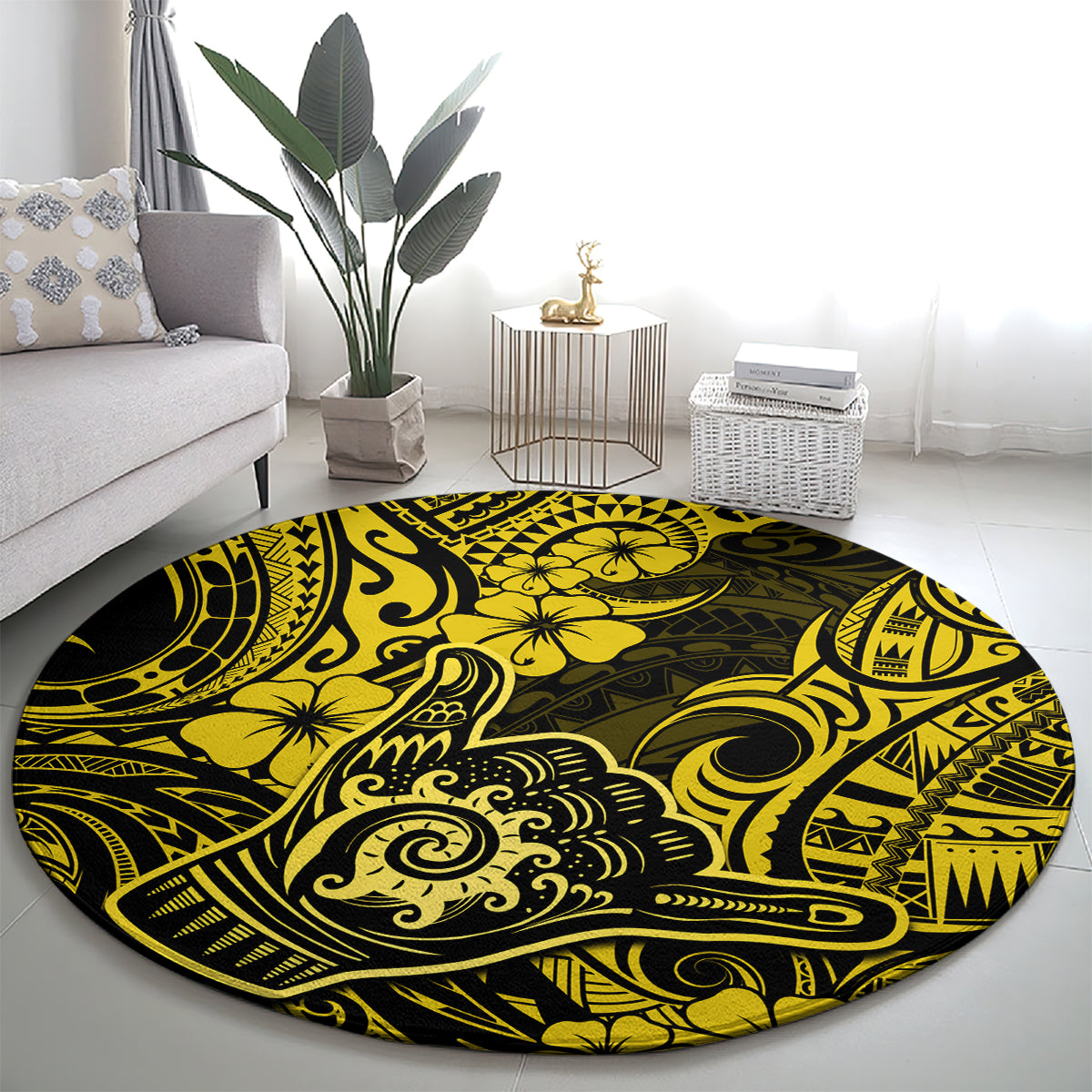hawaii-shaka-sign-round-carpet-polynesian-pattern-yellow-version