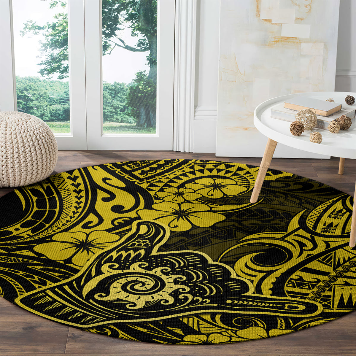 hawaii-shaka-sign-round-carpet-polynesian-pattern-yellow-version