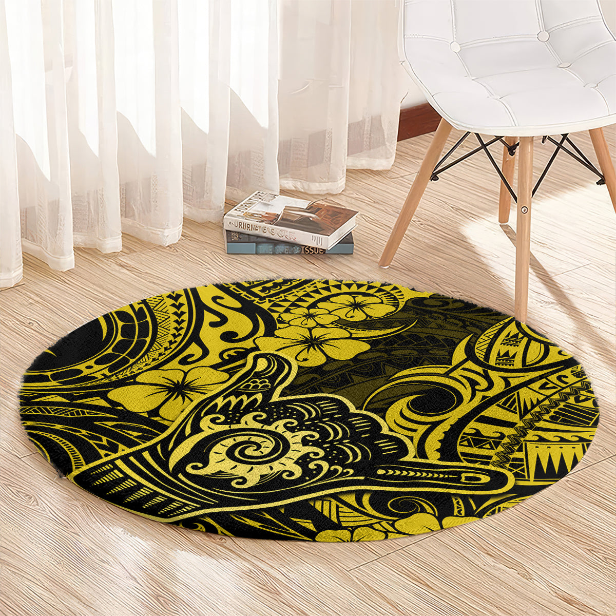 hawaii-shaka-sign-round-carpet-polynesian-pattern-yellow-version