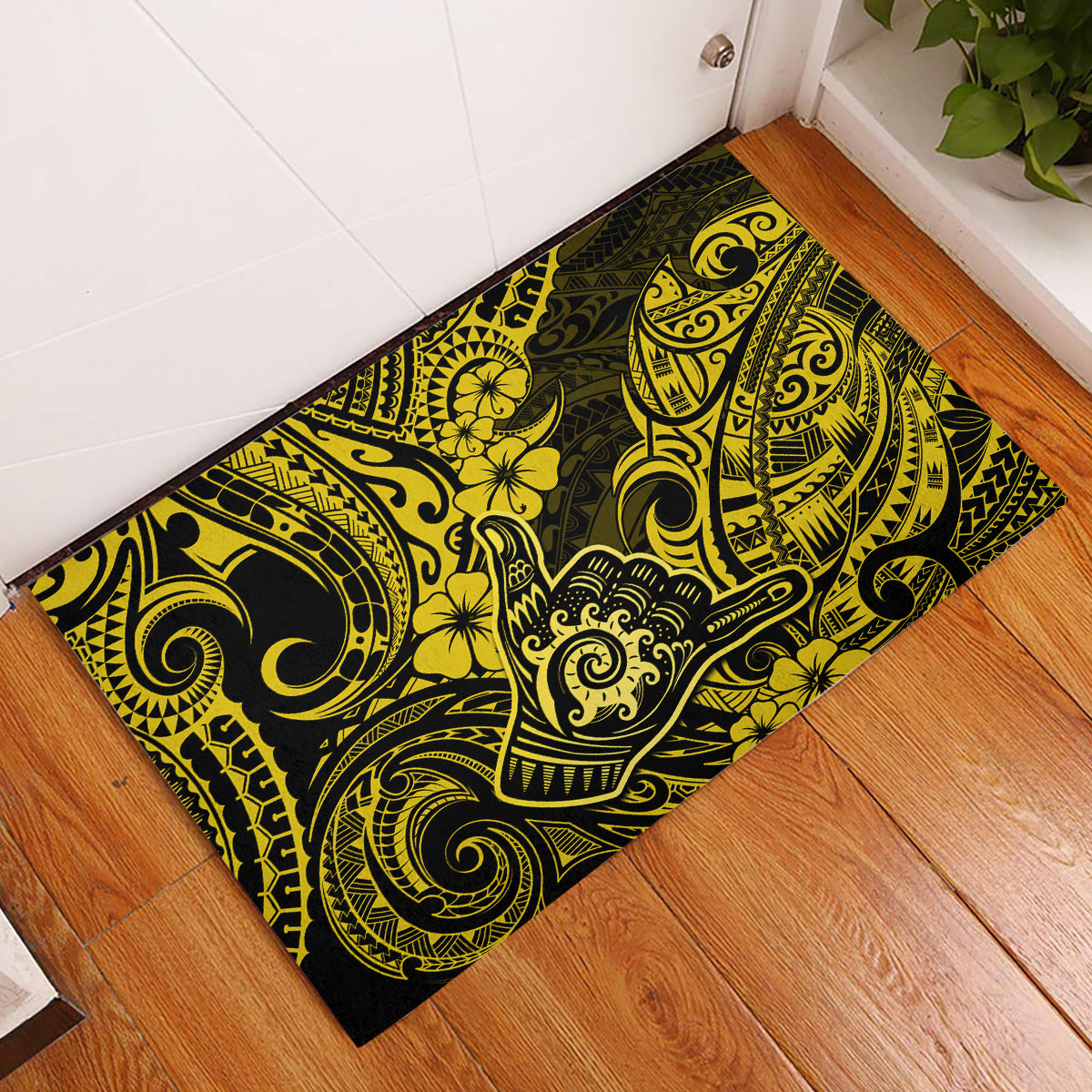 Hawaii Shaka Sign Rubber Doormat Polynesian Pattern Yellow Version - Wonder Print Shop