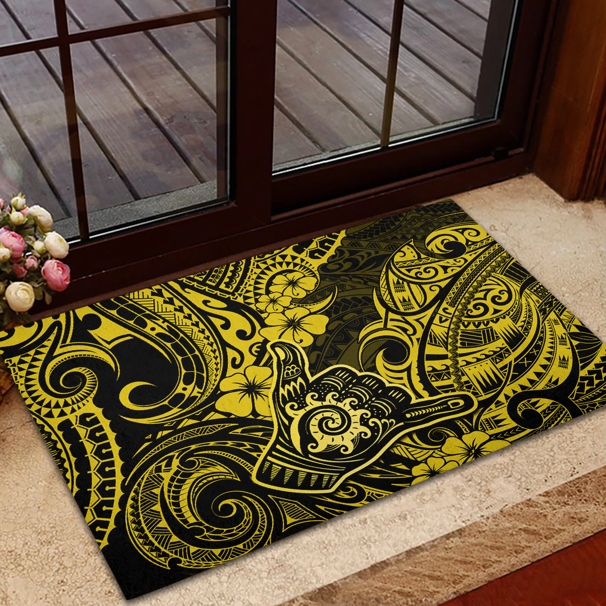 Hawaii Shaka Sign Rubber Doormat Polynesian Pattern Yellow Version - Wonder Print Shop