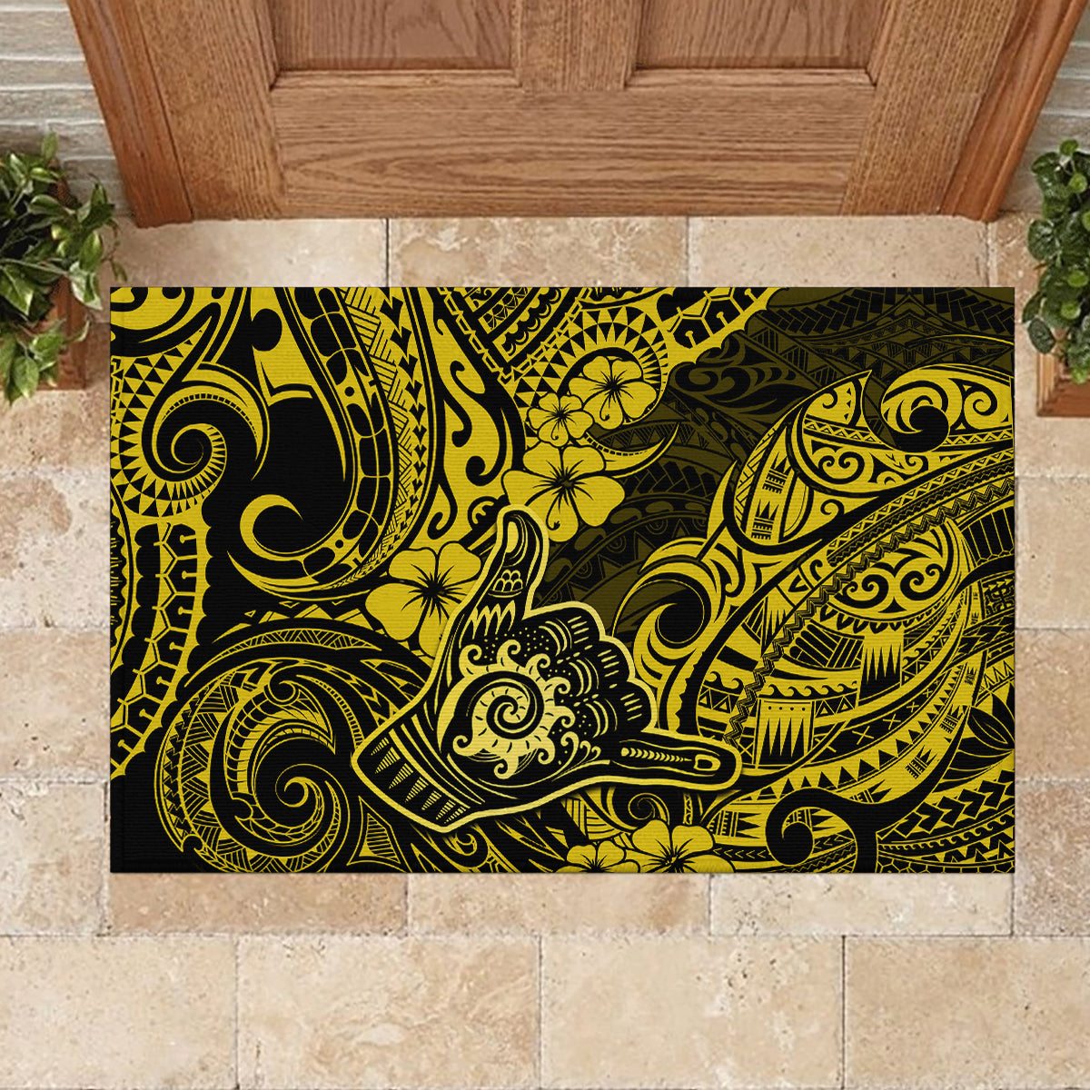 Hawaii Shaka Sign Rubber Doormat Polynesian Pattern Yellow Version - Wonder Print Shop