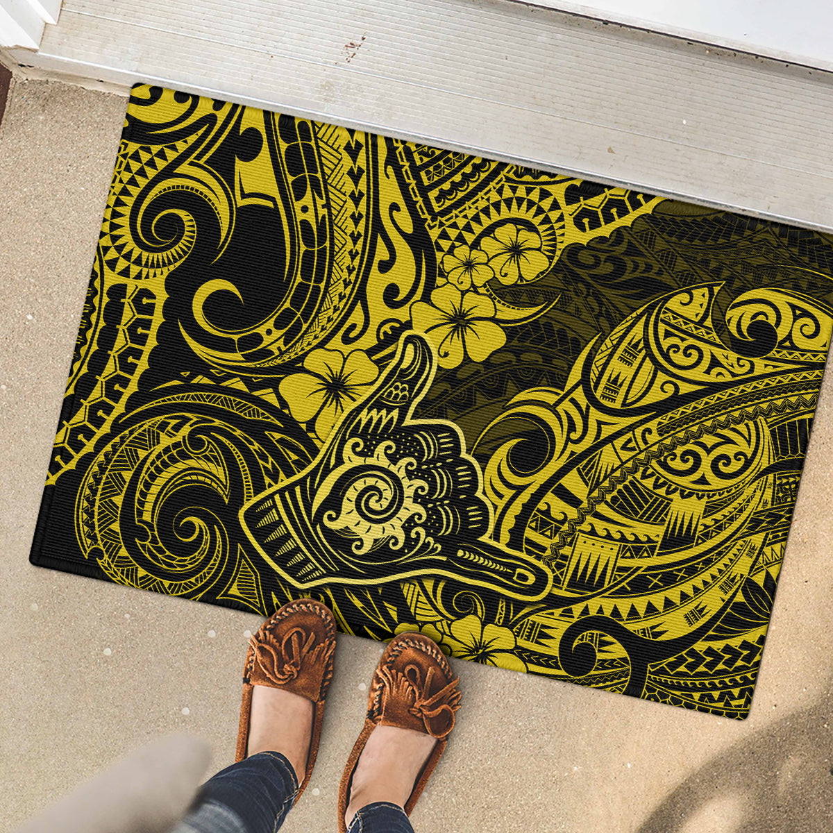 Hawaii Shaka Sign Rubber Doormat Polynesian Pattern Yellow Version - Wonder Print Shop