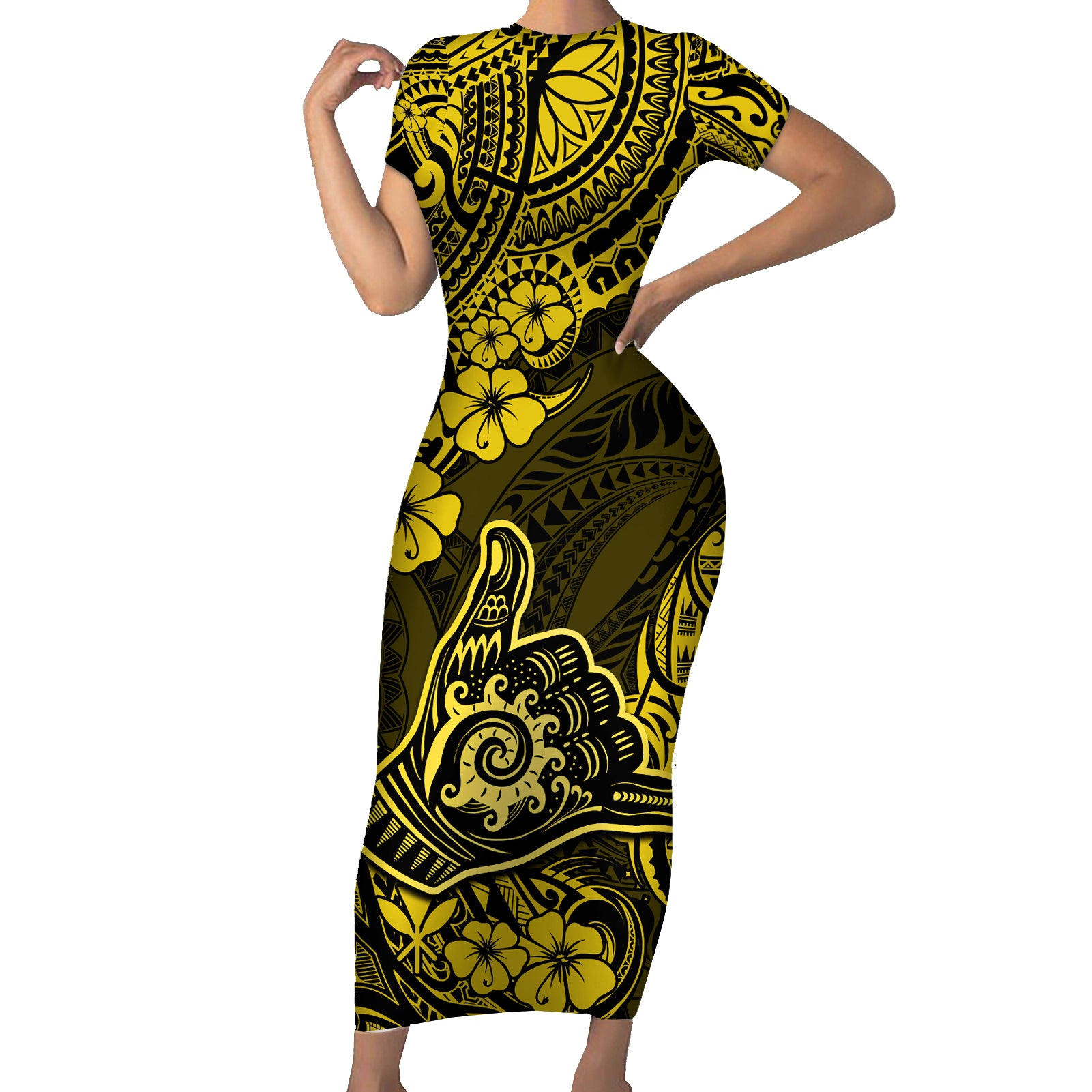 Hawaii Shaka Sign Short Sleeve Bodycon Dress Polynesian Pattern Yellow Version - Wonder Print Shop