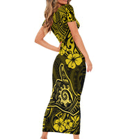 Hawaii Shaka Sign Short Sleeve Bodycon Dress Polynesian Pattern Yellow Version - Wonder Print Shop