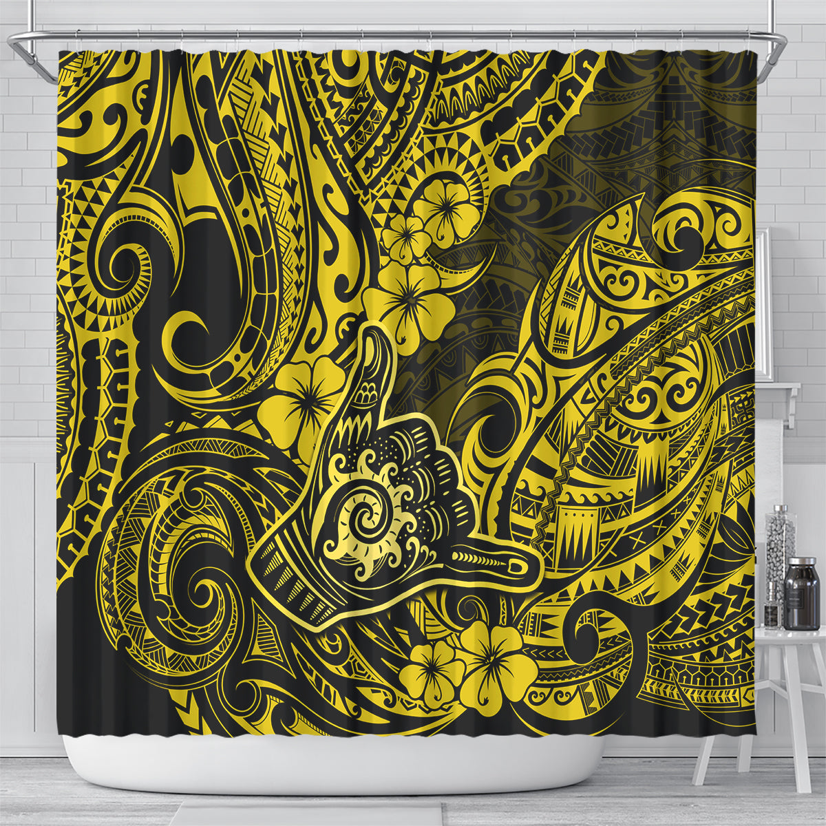 hawaii-shaka-sign-shower-curtain-polynesian-pattern-yellow-version