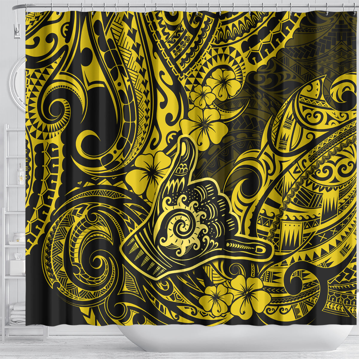 hawaii-shaka-sign-shower-curtain-polynesian-pattern-yellow-version