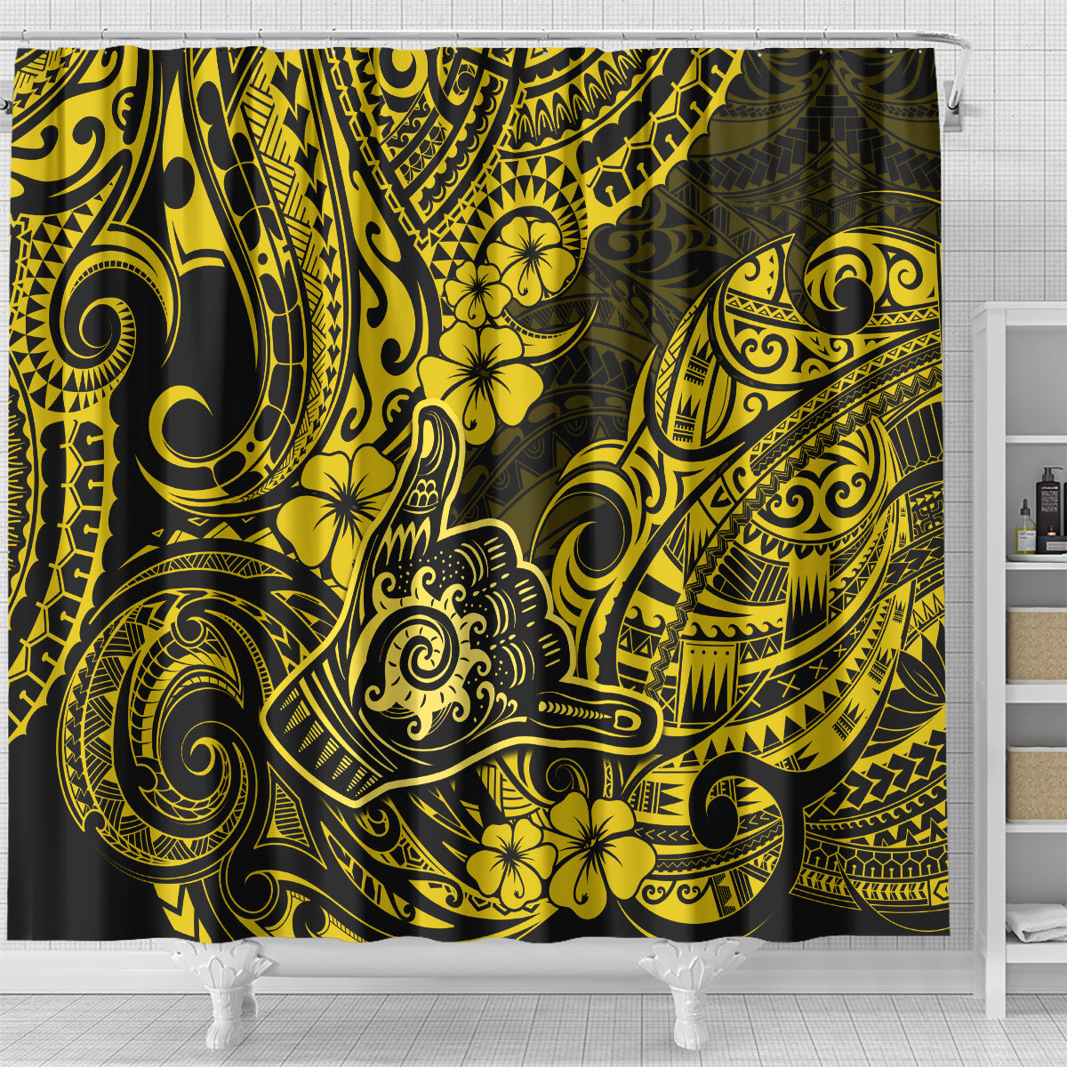 hawaii-shaka-sign-shower-curtain-polynesian-pattern-yellow-version